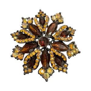 Vintage Amber Rhinestone Flower Brooch Unsigned